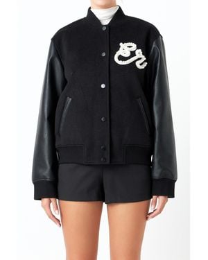 Endless Rose Pearl Trim Bomber Jacket - Black