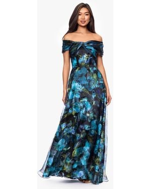 Betsy & Adam Petite Printed Off-the-shoulder Ball Gown - Blue