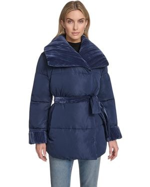 Andrew Marc Emerson Mixed Media Belted Wrap Coat - Blue