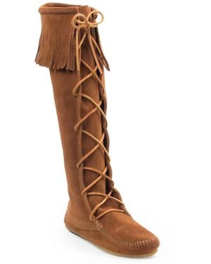 Minnetonka Suede Front Lace Knee High Boots - Brown