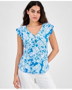 Anne Klein Petite Printed V-neck Ruffle-sleeve Blouse - Blue