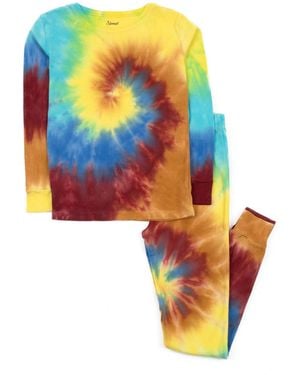 Leveret Kids Matching Family Two Piece Cotton Long Sleeve Tie Dye Pajamas. - Blue