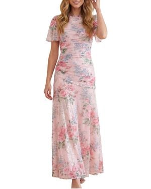 Needle & Thread Palace Garden Sequin Floral-print Short-sleeve Gown - Pink