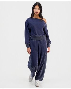 And Now This Petite Faux-denim French Terry Barrel Drawstring Pants - Blue