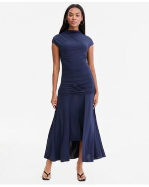 BarIII Ruched Cap-sleeve Midi Dress - Blue