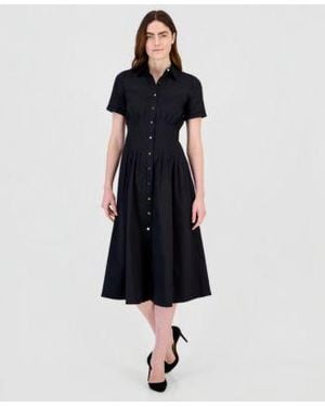 Anne Klein Pleated Waist Midi Shirt Dress - Blue