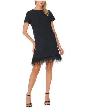 Cece Crewneck Short-sleeve Feather-trim Dress - Black
