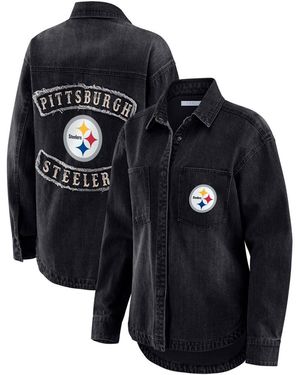 WEAR by Erin Andrews Pittsburgh Steelers Washed Oversized Denim Full-snap Shacket - Black