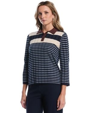 Rafaella Petite Striped Polo 3/4-sleeve Sweater - Blue
