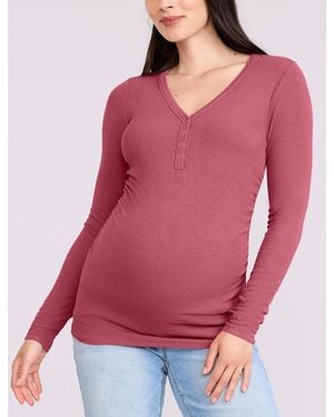 Motherhood Maternity V-neck Side-ruched Long Sleeve Henley Tee - Pink
