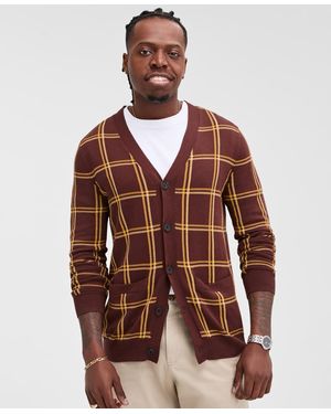 Club Room Cotton Windowpane-plaid Cardigan Sweater - Brown