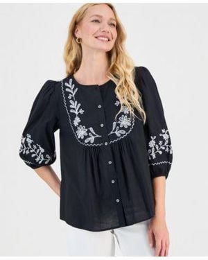 Style & Co. Style Co Cotton Embroidered Button Blouse Macys Exclusive - Blue