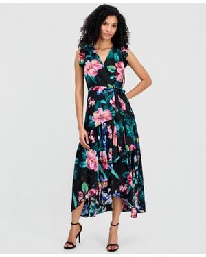Anne Klein Ruffle Sleeve V Neck High Low Wrap Dress - Blue