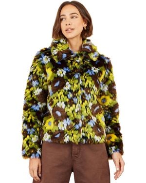 Yumi' Faux Fur Abstract Print Jacket - Green