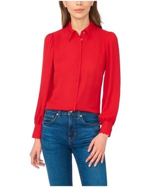 Cece Long-sleeve Scallop-trim Button Up Blouse - Red
