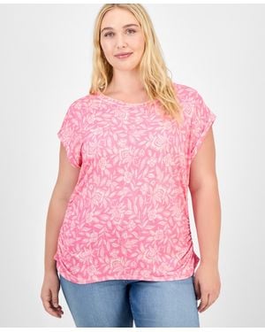 Democracy Trendy Plus Printed Side-shirred Cap-sleeve Top - Pink