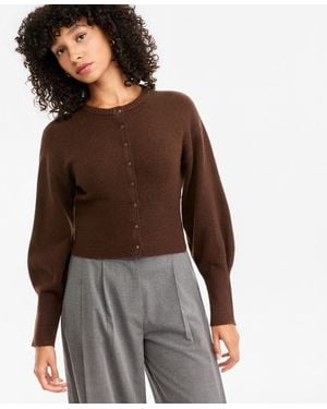 BarIII Sculpted Crewneck Long-sleeve Cardigan - Brown