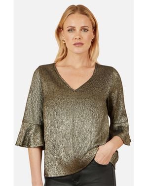 Yumi' Fluted Sleeve Metallic Stretch Top - Green