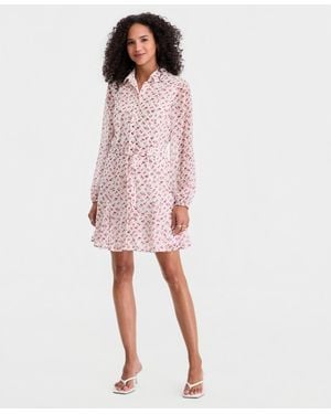 On 34th Cherry Print Tie-belt Button-front Dress - Pink