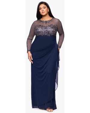 Xscape Plus Size Embroidered Long Sleeves Dress - Blue