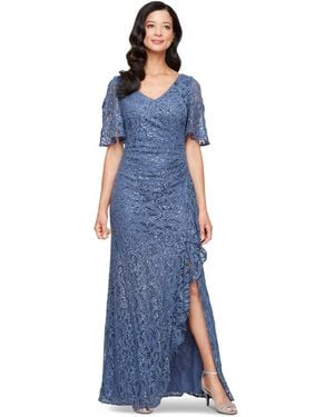 Alex Evenings Sequinned Lace Cold Shoulder Gown - Blue