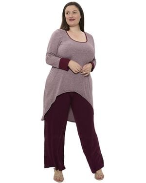 24seven Comfort Apparel Plus Size Two Tone Scoop Neck Long Sleeve High Low Top And Pant Set - Purple