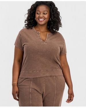 And Now This Trendy Plus Size Cropped French Terry Top - Brown