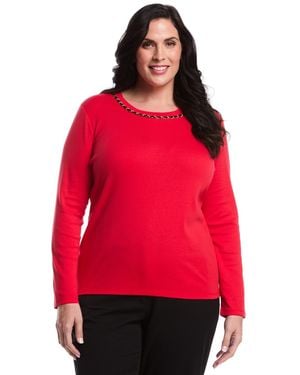 Rafaella Plus Size Plus Size Chain Neck Detail Long Sleeve Top - Red