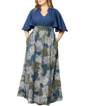 Kiyonna Plus Size Avisa Flowy A Line Evening Gown - Blue