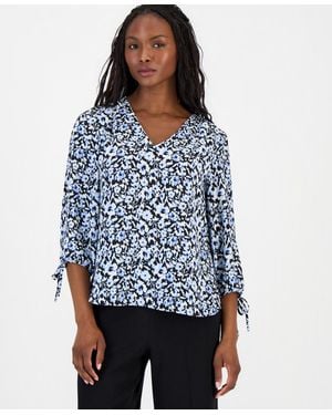 Anne Klein Essentials Petite Printed 3/4-sleeve V-neck Top - Blue