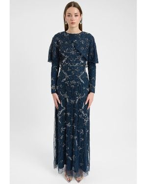 MARYISA Modest Embellished Sequin Beaded Dress Maxi With Attached Cape - Blue