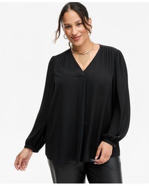 INC International Concepts I.n.c. Plus Size Long-sleeve V-neck Pleated Blouse - Black