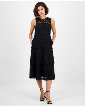 Anne Klein Round-neck Tiered Lace Midi Dress - Black