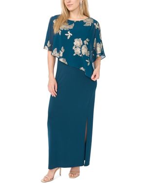 Msk Petite Metallic Floral-print Crewneck Short-sleeve Maxi Dress - Blue