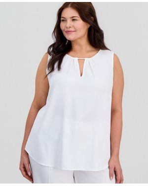 Kasper Plus Size Sleeveless Pearl-trim Blouse - White