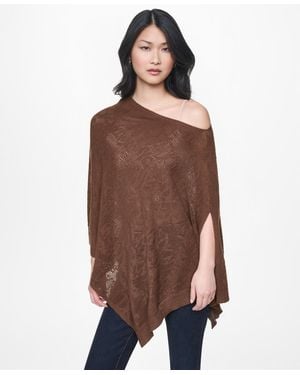 DKNY Asymmetric Logo Pointelle Stitch Poncho Sweater - Brown