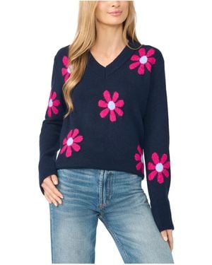 Cece Groovy Floral-print V-neck Sweater - Blue