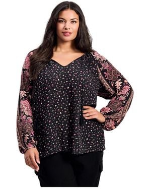 Avenue Plus Size Eliana Border Print Sleeve Peasant Top - Black