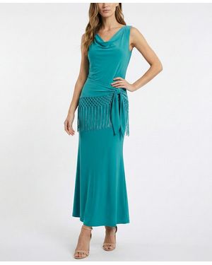 Taylor Fringe Detail Peplum Cowl Neck Fit & Flare Dress - Blue