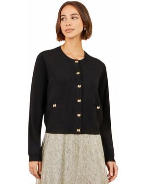 Yumi' Bow Button Crew Neck Long Sleeve Viscose-blend Cardigan - Black
