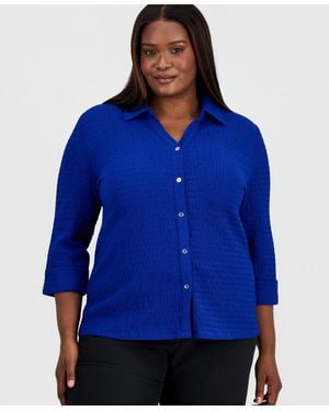 Kasper Plus Size 3/4-sleeve Button-front Shirt - Blue
