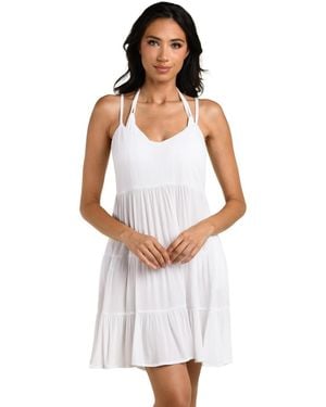 La Blanca Crinkle Charm V-neck Tiered Swim Cover-up Dress - White