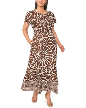 Msk Plus Size Printed Split-neck Tiered Cotton Maxi Dress - Brown
