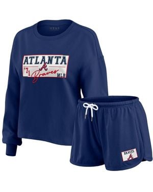 WEAR by Erin Andrews 2-piece Atlanta Braves Heavy Rugby Jersey Cropped Long Sleeve T-shirt And Shorts Lounge Set - Blue