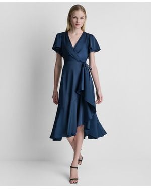 DKNY Side Tie Faux Wrap Midi Dress - Blue