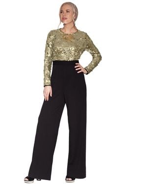White Tie By Shani Sequin Long-sleeve Wide-leg Jumpsuit - Blue