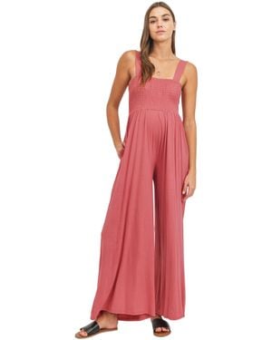 Hello Miss Maternity Sleeveless Smocked Bodice Wide-leg Jumpsuit - Pink