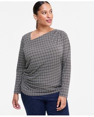 INC International Concepts Plus Size Ruched Asymmetrical-neckline Long-sleeve Blouse - Gray