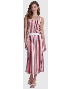 DKNY Striped Pointelle Stitch Bandeau Knit Cotton Tank Top Striped Midi Skirt - Pink
