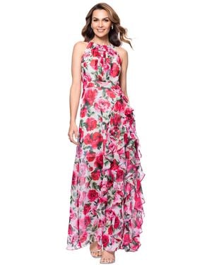 B & A by Betsy and Adam Betsy & Adam Floral Print Ruffled Sleeveless Gown - Red